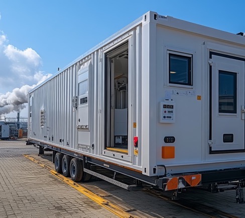A large white mobile laboratory trailer with open doors is parked near industrial facilities, supporting industrial contractor services.