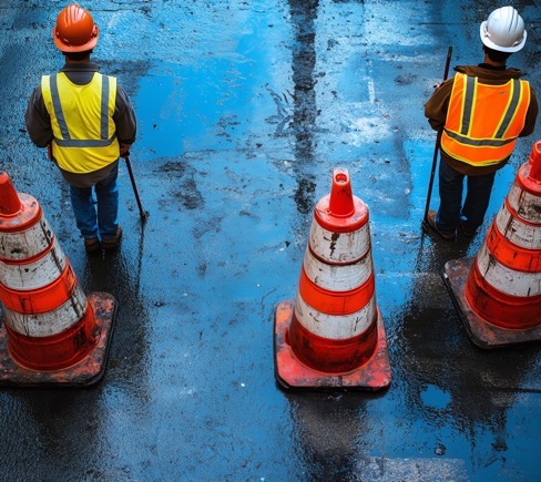Two construction workers in safety vests and helmets stand by cones, overseeing an industrial project site services area on wet, reflective pavement.