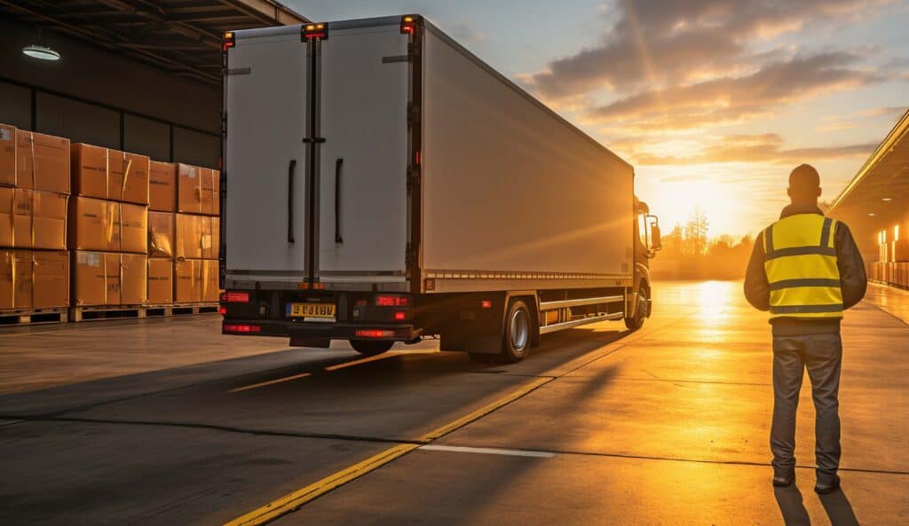 A truck backs up to a warehouse loading dock at sunset, as an industrial contractor services crew member in a yellow vest stands nearby.